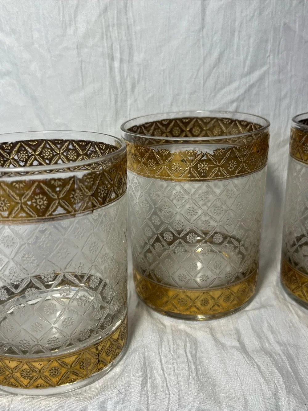 4 Vintage Culver Scintilla 22k Gold Lowball Tumblers MCM Hollywood Regency Rocks